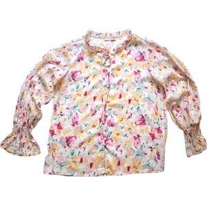 C+D+M Floral Career Blouse Women's M Long Sleeve Button Front Ruched Cuff Top